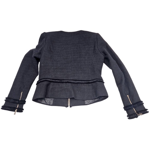 Karl Lagerfeld Paris Black Tweed Faux Fur Trim Zipper Jacket Women Size 4 Gold - Picture 3 of 11